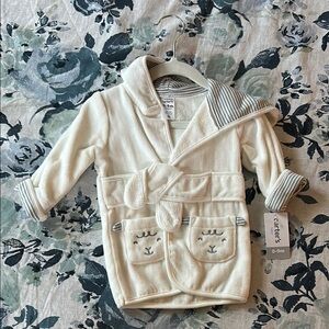 Hooded White/Grey Baby Robe with Animal Pockets - Sz 0-9M